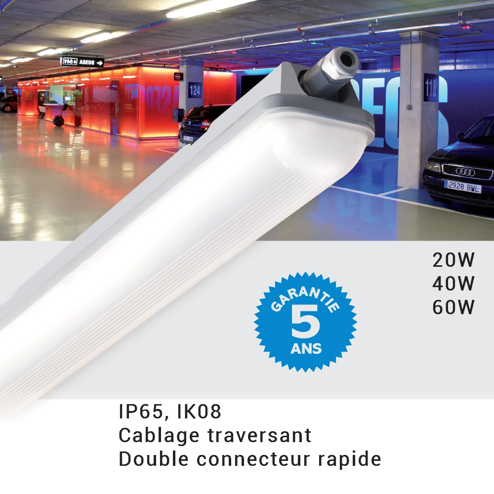 Réglette LED étanche IP65 36W 1m20 4000 lumens, avec detecteur de présence